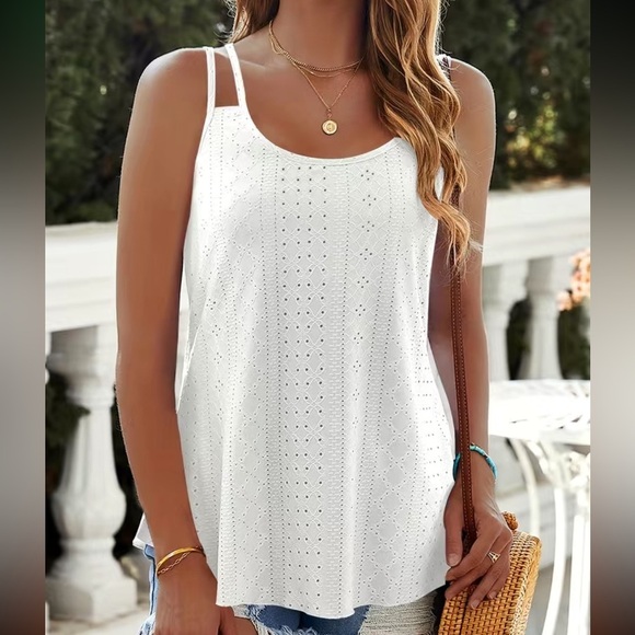 Tops - New eyelet Lettuce Trim Cami Top, Casual Sleeveless Scoop Neck Versatile Cami